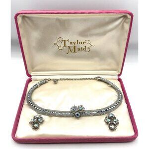 Vintage Taylor Maid Rhinestone floral necklace & earrings Demi Paure Set in box